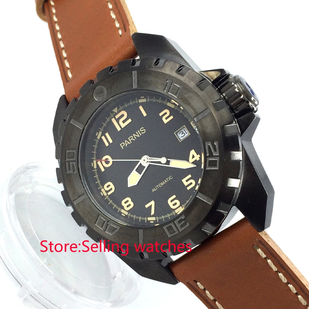 

45mm parnis black dial yellow marks PVD case miyota automatic movement watch