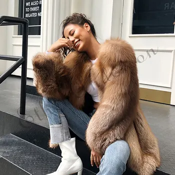 

ETHEL ANDERSON Real Fox Fur Long Jacket Chocolate Color High Quality Whole Fox Fur Coat Women's Love Outwear Long Sleeves