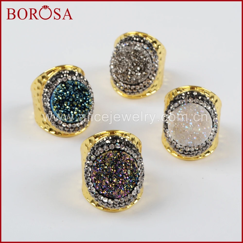 BOROSA Round Rainbow Titanium Geode Druzy Quartz Stone Ring Gold Color Drusy Band Simple Design Jewelry JAB759 | Украшения и