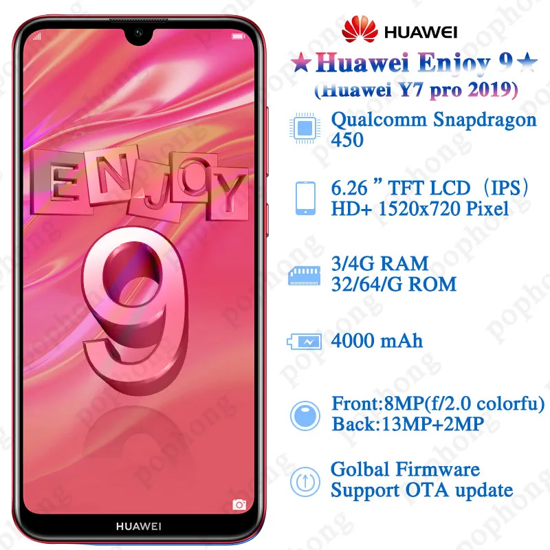 Мобильный телефон huawei Enjoy 9 с глобальной прошивкой, 6,26 дюймов, Android 8,1, восьмиядерный смартфон huawei Y7 Pro, 4000 мАч, двойная карта, двойная подставка