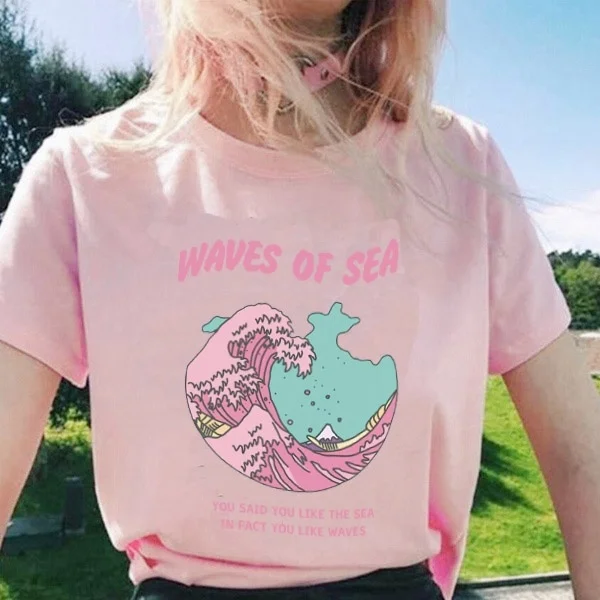 

HAHAYULE-JBH 1pcs Great Wave T Shirt Women New Fashion T-shirts for Women Harajuku Tops You Said You Like the Sea in Fact