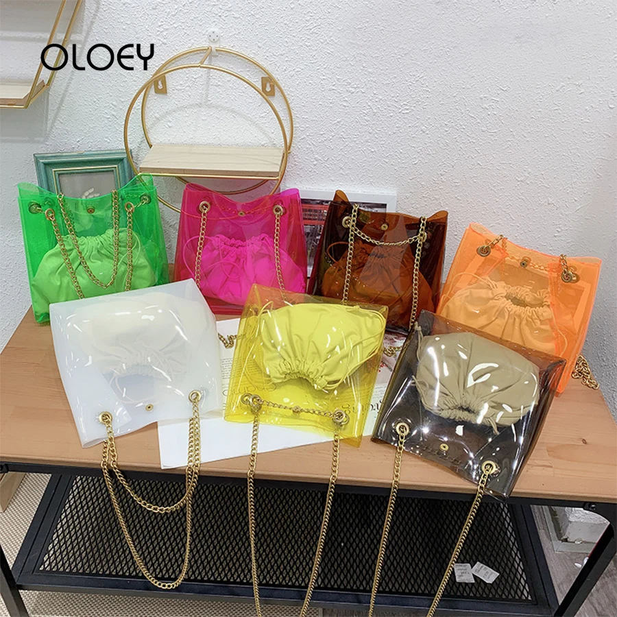 

PVC Transparent Jelly Color Women Bucket Bag Female Clear bag Ladies Shoulder Messenger Bags Casual Shopping Chain Handbags