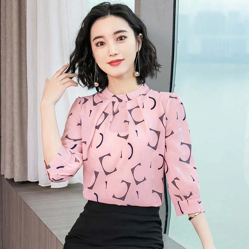 

Women Spring Summer Style Blouses Shirts Lady Casual Half Sleeve Stand Collar Pink White Blusas Tops DF2709
