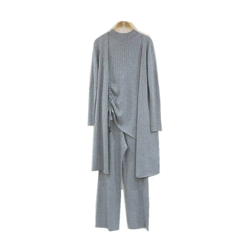 2022 V-neck Wool Real Fashion Casual Wide-leg Pants Three-piece Suit Long Section Slim Knitted Cardigan Trousers 3 Piece Woman теплые перчатки для сенсорных дисплеев xiaomi mi wool screen touch gloves woman р uni beige