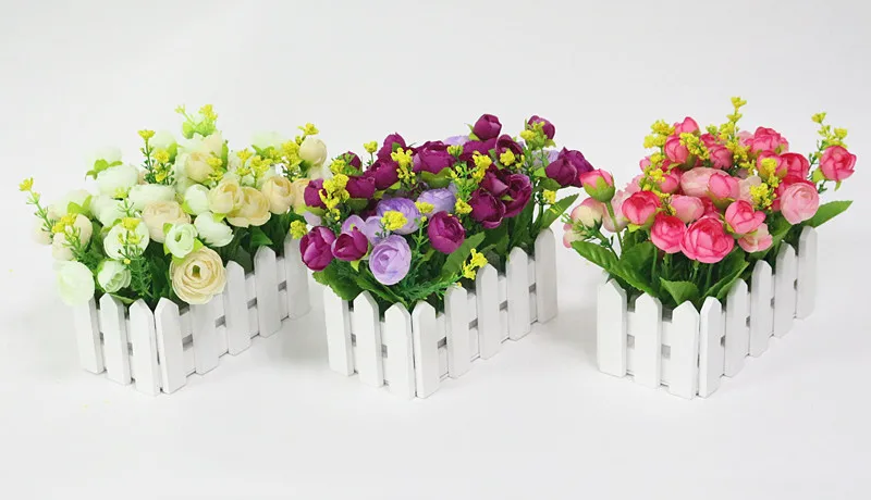  Flone Wedding Decor Artificial Tea Rose Simulation Artificial Flowers Small Potted Plant Fake Rose Set With White Picket Fence (2)