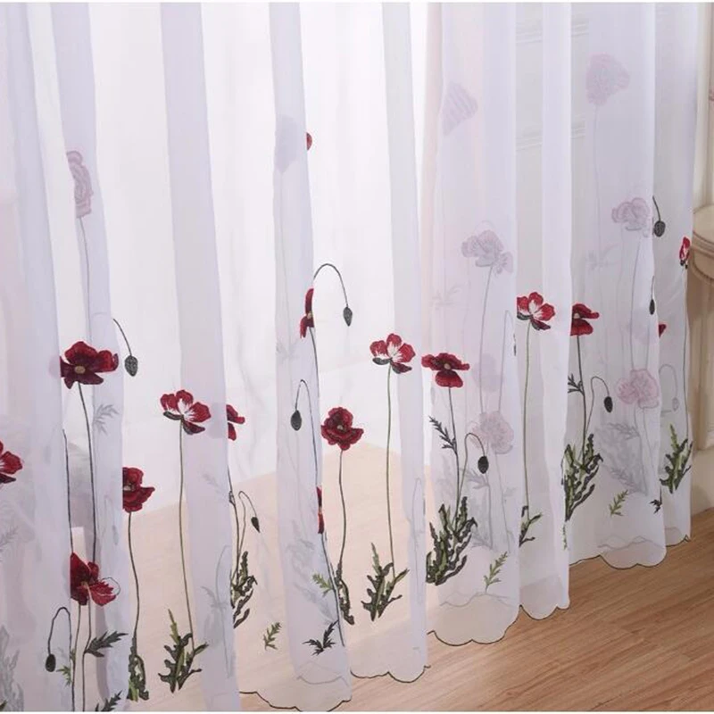 Red Flower Embroider White Sheer Curtain Wedding Room Tulle Balcony Drape 1Piece
