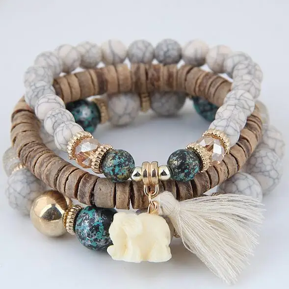 3pcs/set Wooden Beads Bracelets For Women Bohemia Elephant Tassel Charm Bracelets & Bangles Set Boho Vintage Jewelry Femme