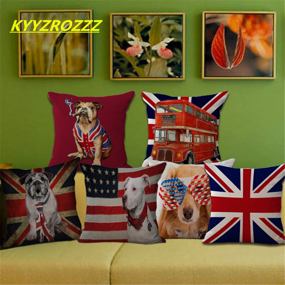 BusandDogUKUSAFlagPillowCoverCushionCoverThrowPillowHome