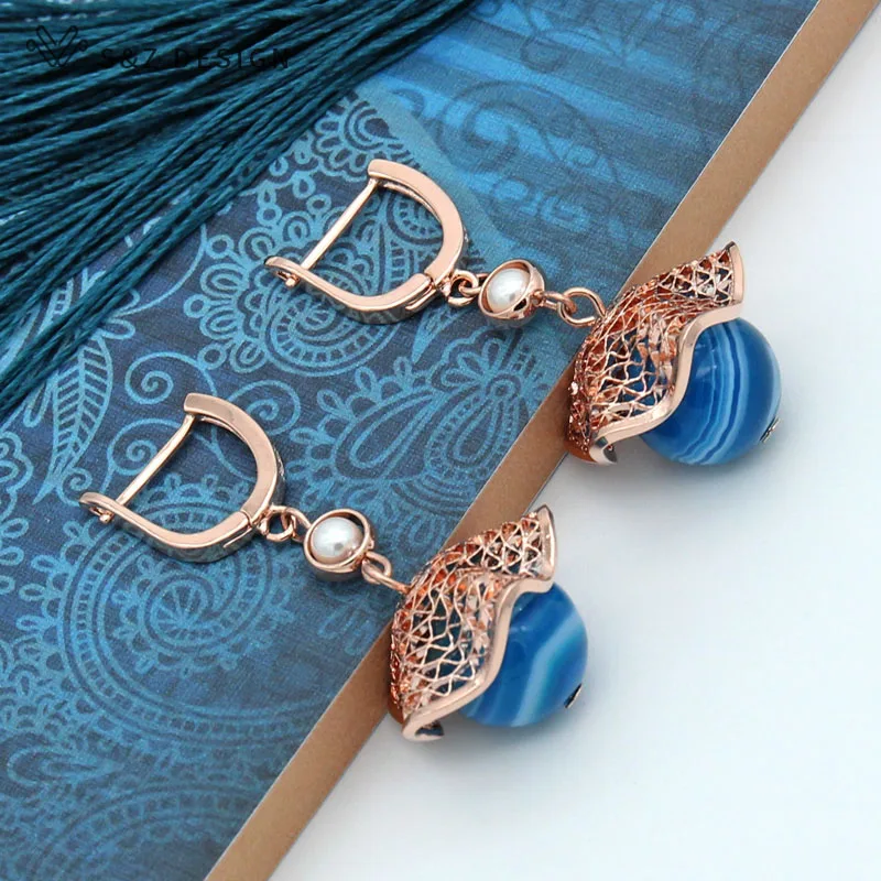 S&Z DESIGN New Blue Black Onyx Agates Round Natural Stone Dangle Earrings For Women 585 Rose Gold Color Jewelry Gift