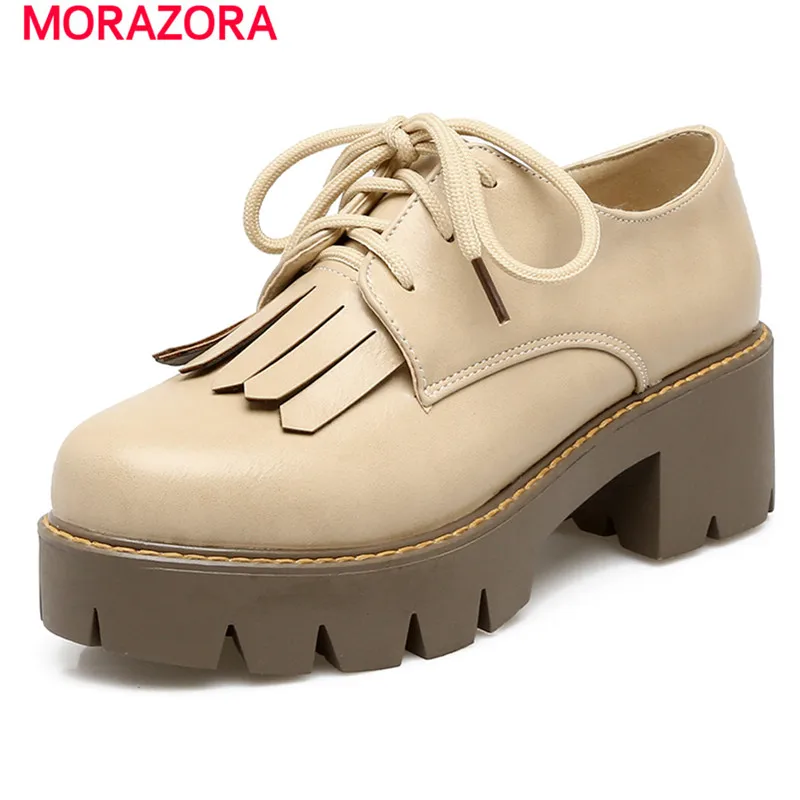 

MORAZORA Big size 34-43 women pumps platform shoes lace-up round toe solid pu high heels shoes fashion retro pu