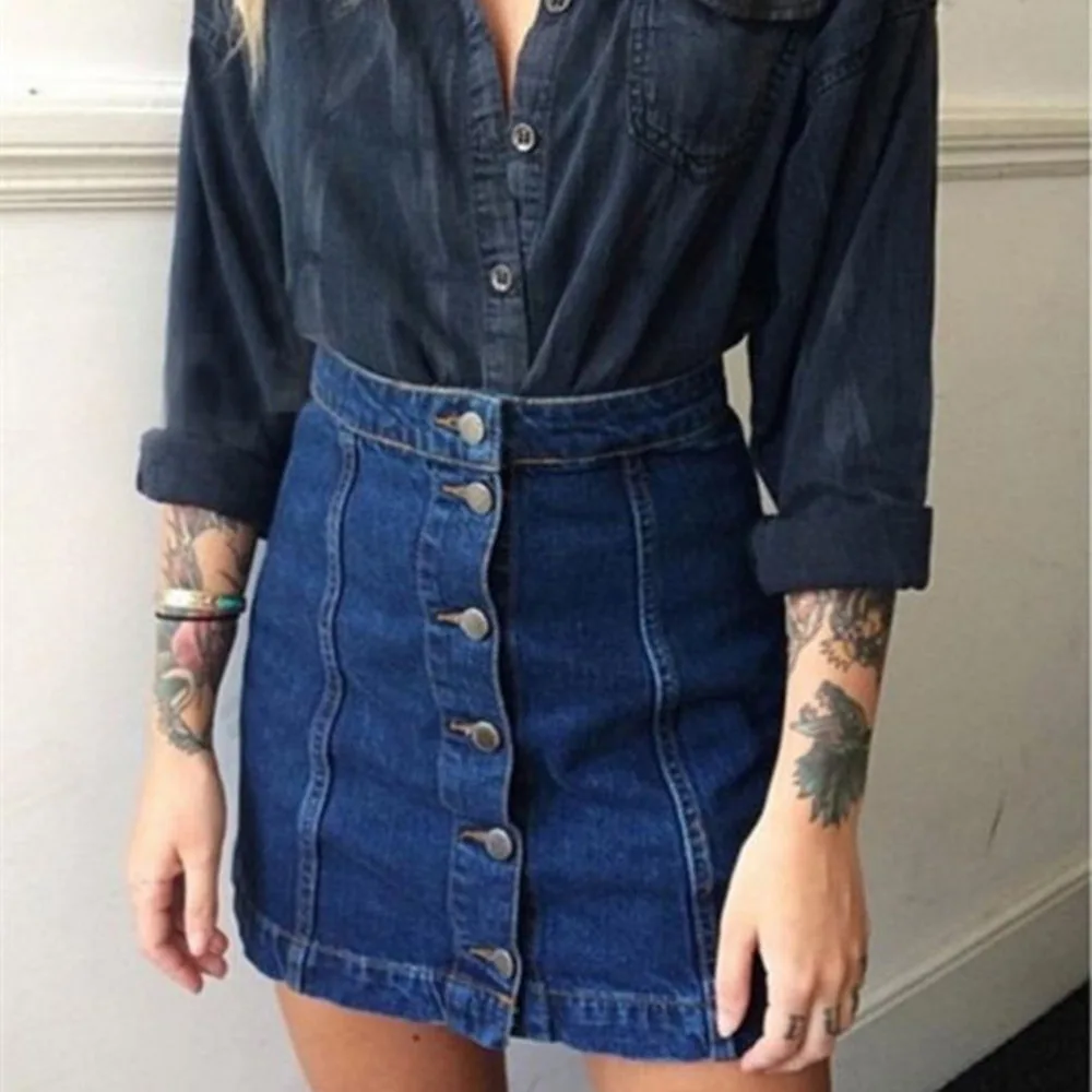 

2016 New Summer Arrival Denim Skirts Front Button Package Skirt Women Pencil Jeans For Women Ladies