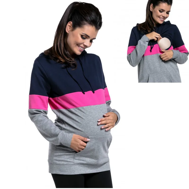 

Striped Pregnancy Nursing Long Sleeves Maternity Clothes Hooded Breastfeeding Tops Patchwork T-shirt for Pregnant Women