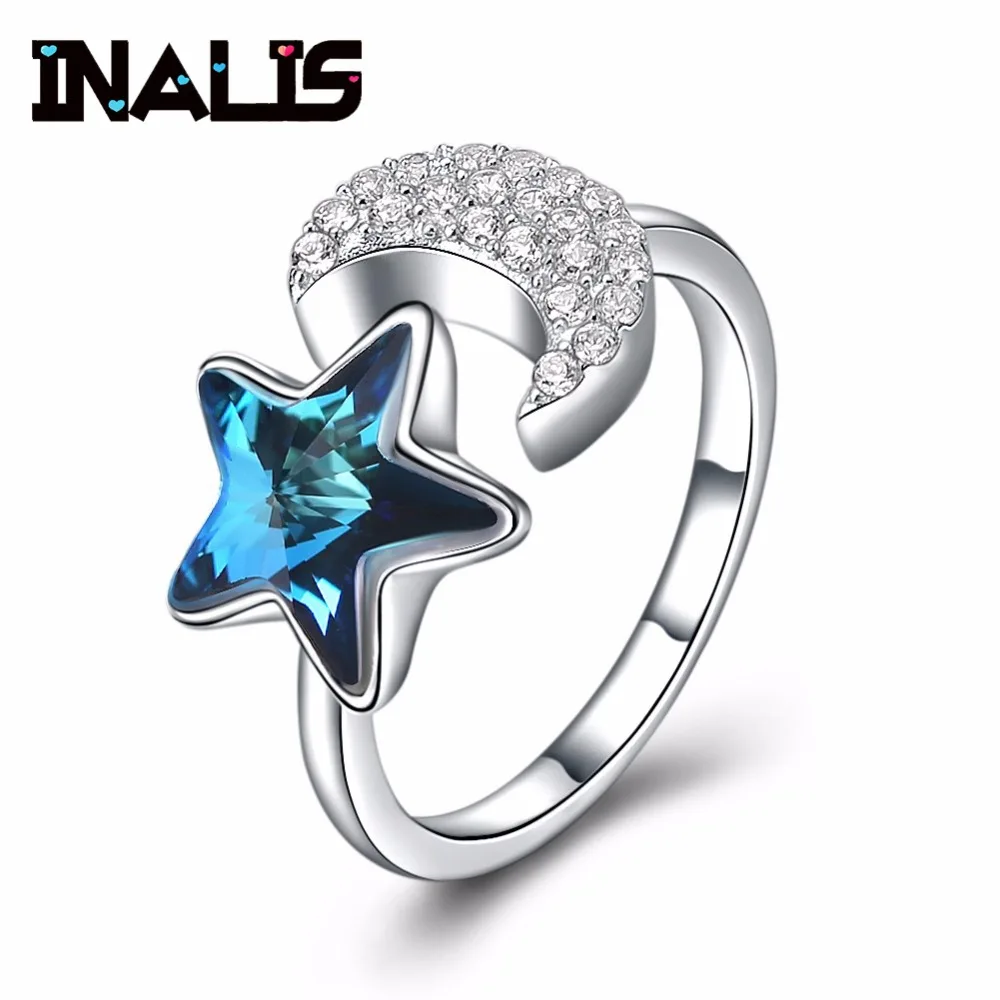 

INALIS New Delicate Rings 925 Sterling Silver Ring Micro Paved CZ Stone Moon Shape with Single Star Blue Natural Austria Crystal