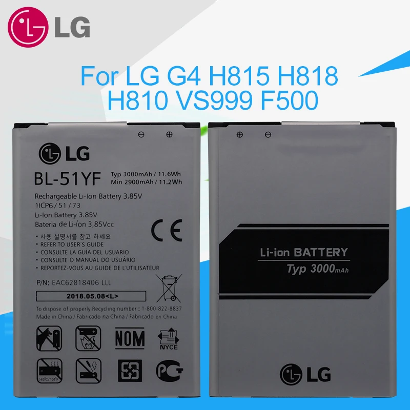 

LG Phone Battery BL-51YF For LG G4 BL-51YF H815 H818 H810 VS999 F500 G Stylo 3000mAh Genuine Original Replacement Batteries