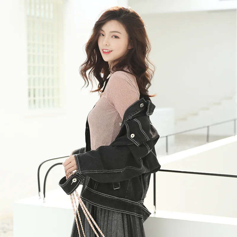 Fashion Retro Turn-down Collar Biker Jean Jacket Women Spring Long Sleeve Basic Coat 2019 New Arrival Womens Black Denim Jacket