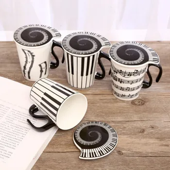 

2018 New Creative Ceramic Musician Coffee Mug Music Notes Piano Keyboard Tea Cup with Lid Staves Music Notes as Party Gift