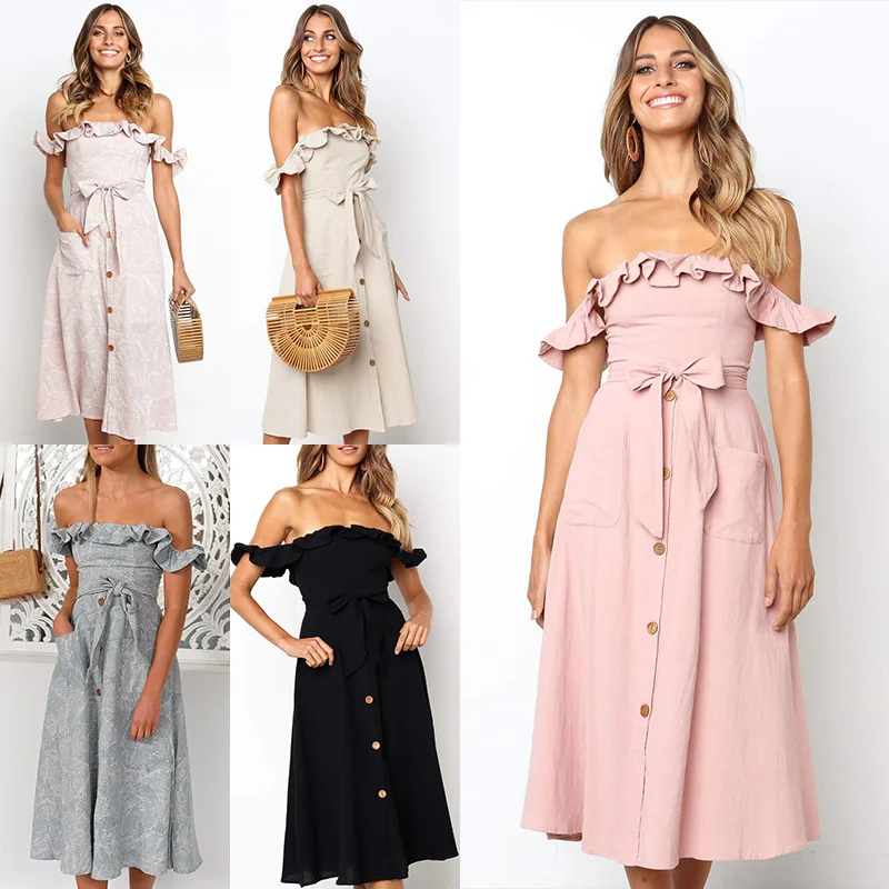 

Sexy Strapless Backless Ruffles Print Wrap Midi Summer Dress Women 2019 Sundress Vestidos Party Dresses