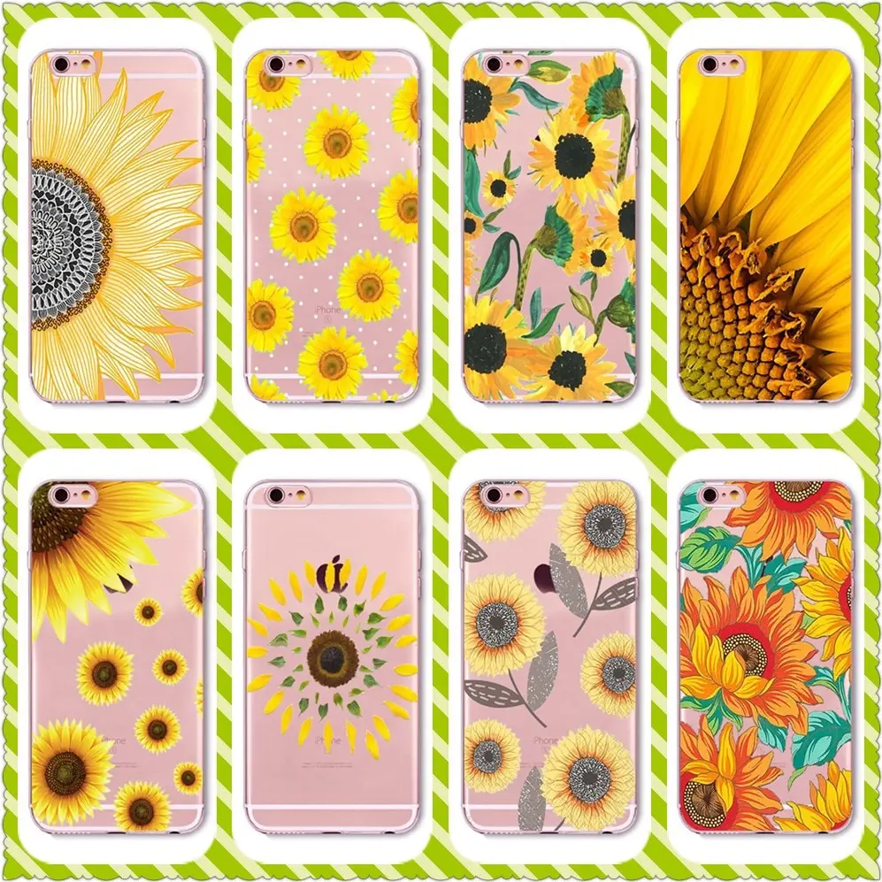 Yellow sunflower  For iphone X 6Plus 7 8P Quality Transparent soft silicone Case for Samsung  S6 S7  S8 S9   luxury phone case
