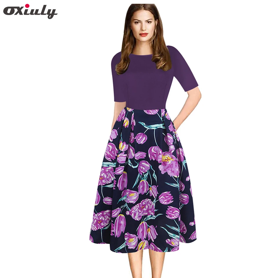 

Oxiuly Womens Elegant Purple Floral Print Contrast Patchwork Tunic Vintage Casual Work Party Fit and Flare A-line Skater Dress