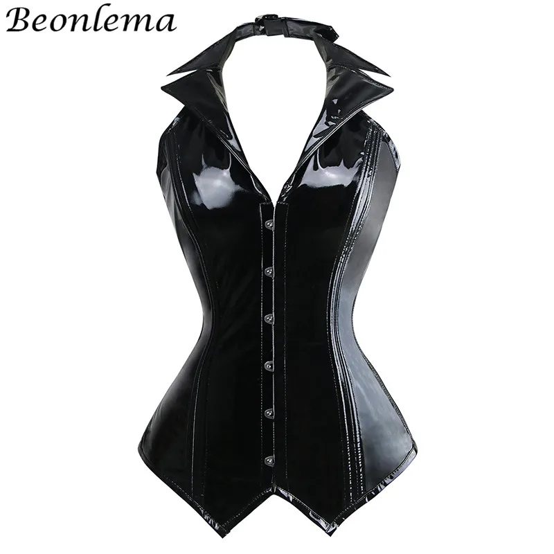 

Beonlema Black PVC Corset Wetlook Top Halter Retro Korset Sexy Deep V Neck Bustier Sexy Body Slimming Cosplay Women Long Gorset