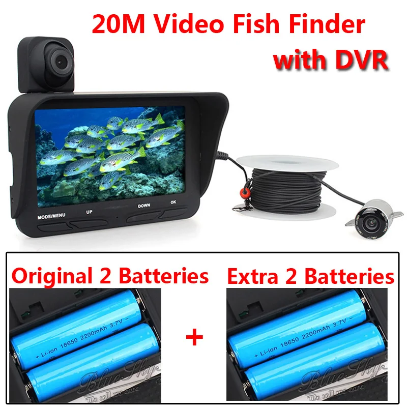 Eyoyo 20m Night Vision Fish Finder DVR Video 6 Infrared LED Underwater Fishing Camera+Overwater Camera+Extra 2 Batteries