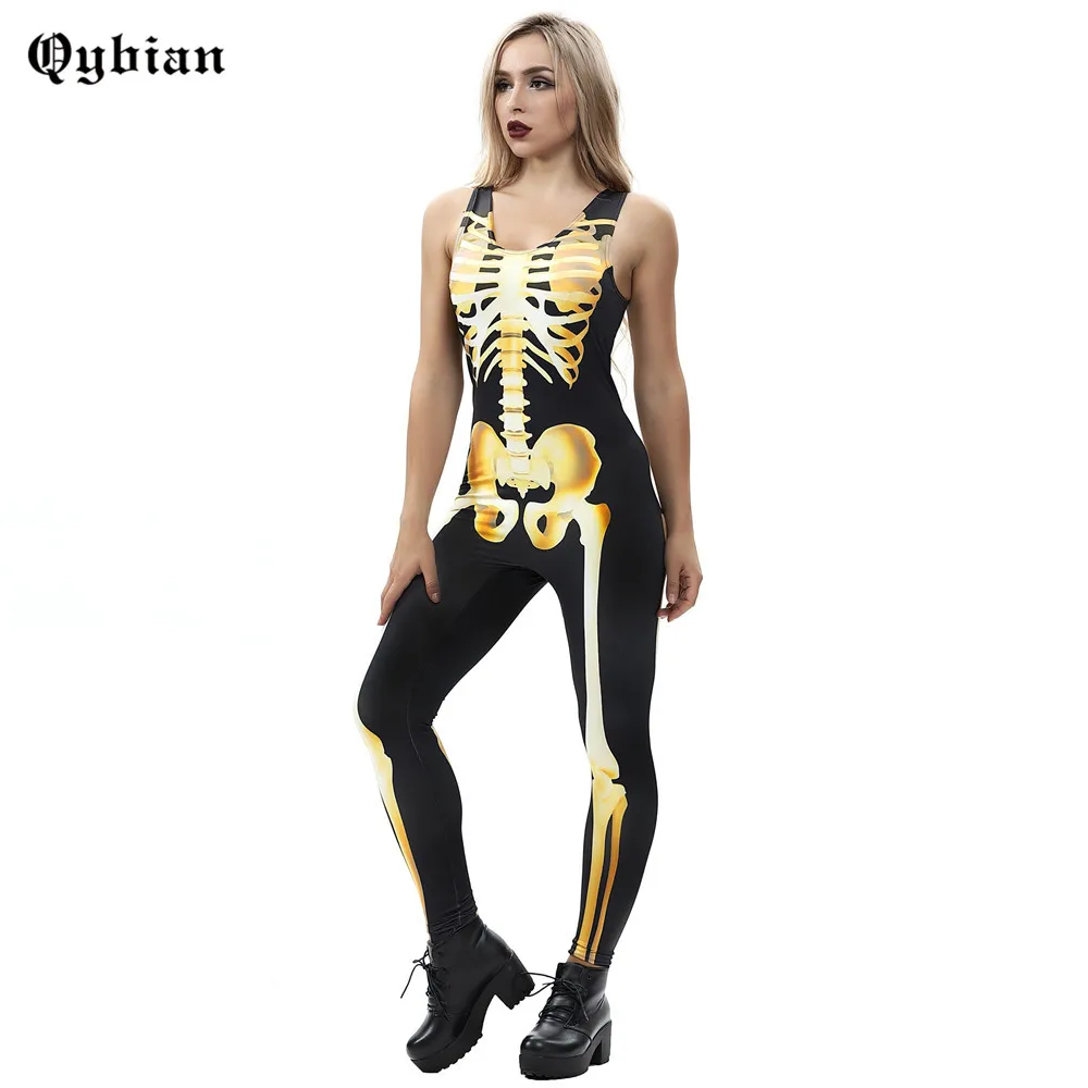 Qybian Free Shipping Halloween Jumpsuit Golden Skeleton Print Women