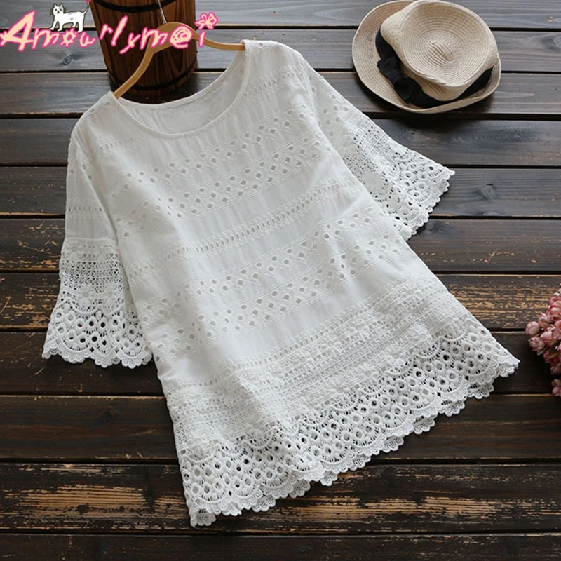 

2018 Summer Women Cotton White Blouse Mori Girl Sweet Hollow Out Embroidery Lace O-neck Short Sleeve Shirt Tops Blusas Femininas