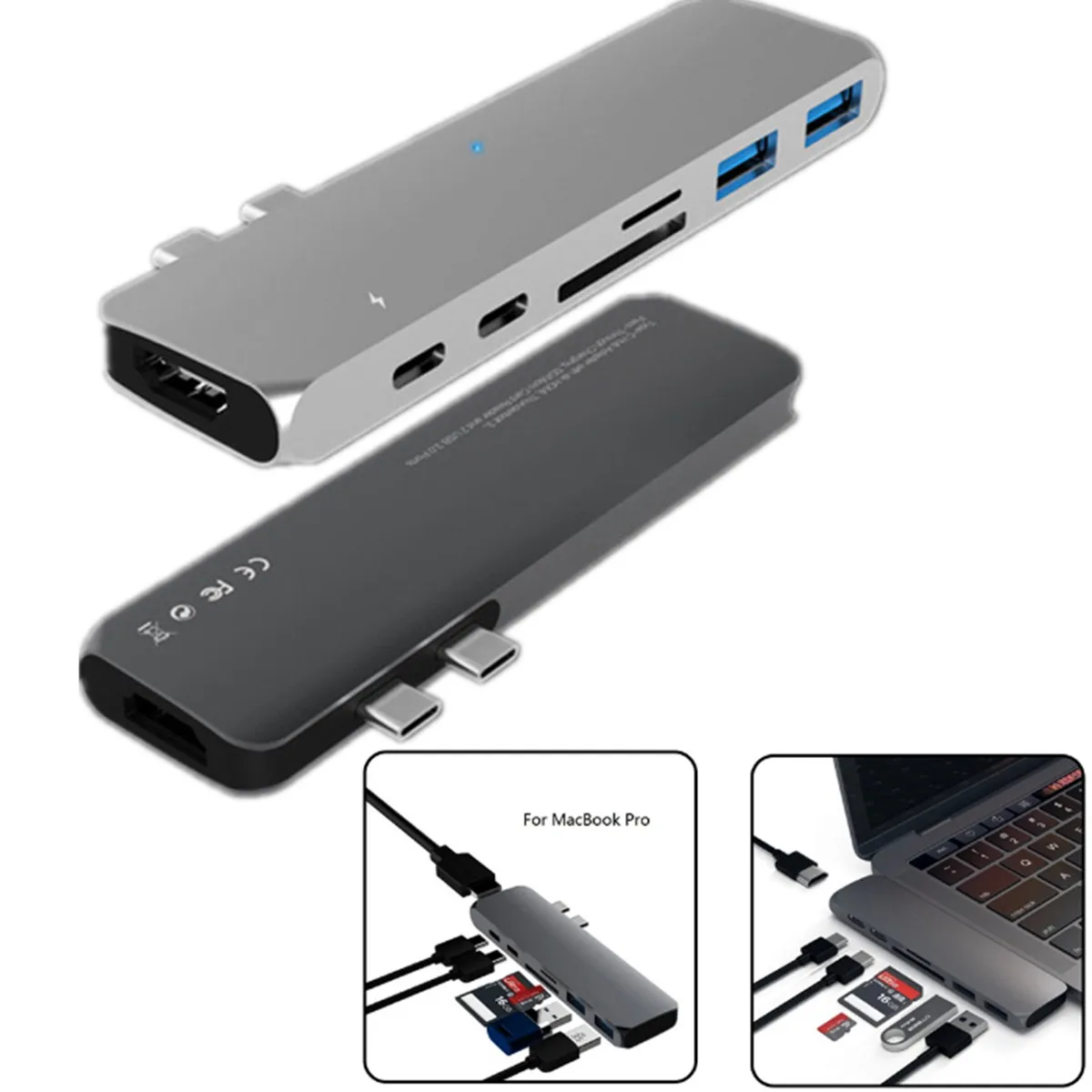 7в1 двойной адаптер Type-C к HDMI USB 3 0*2 порта * 2 SD TF кардридер Алюминий для MacBook Pro 2016 2017 |