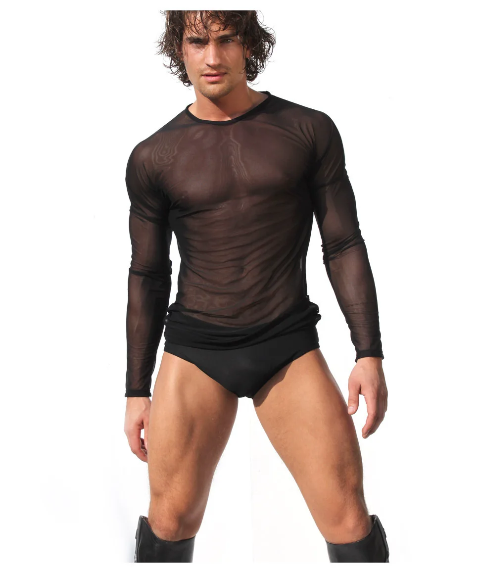 Mesh long-sleeved T-shirts Delight Transparent T-shirt Conditioned Rooms  Wear Mens Mesh Clothing Sexy Mesh long-sleeved T-shirts
