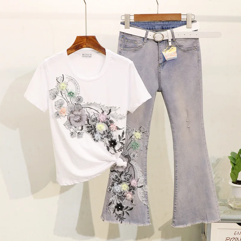 Женская летняя футболка, джинсовые брюки, комплект одежды из двух предметов, Модная хлопковая Футболка с вышивкой и пайетками, джинсовые