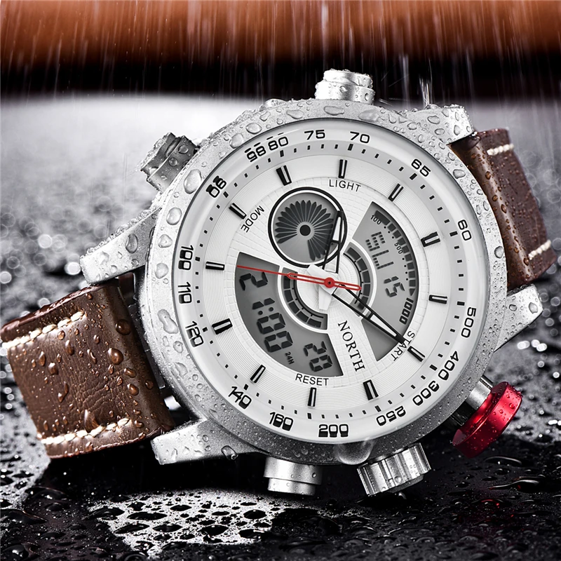 Najtaniej Męskie zegarki do luksusowej marki męskie skórzane zegarki sportowe NORTH męska kwarcowy LED cyfrowy zegar wodoodporny wojskowy zegarek na rękę