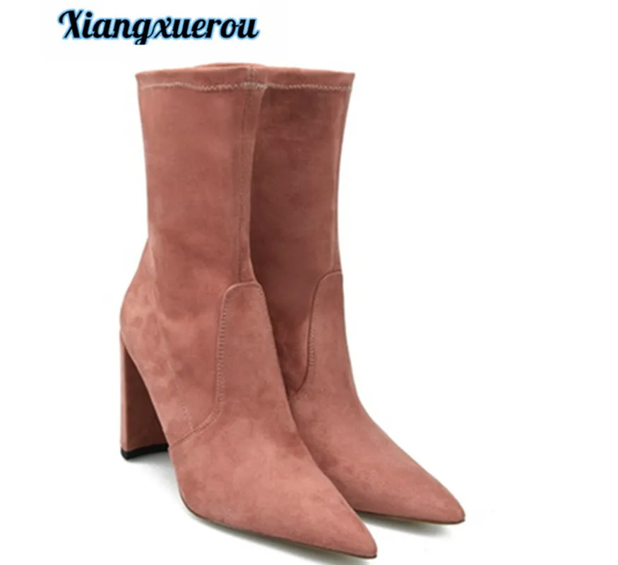 

Xiangxue European and American 2018 winter flannelette new high - heeled ankle boots socks type stretch boots women ankle boots