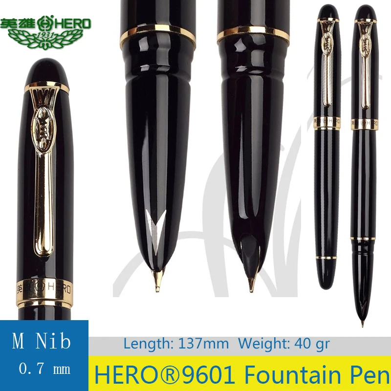 HERO Fountain pen 9601 Black 0 7MM Hooded Nib office and school hero pen set Free