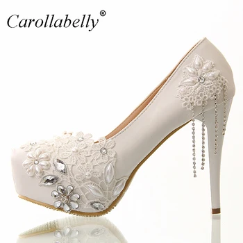 

8cm/12cm/10cm/14cm White rhinestone lace flowers bridal shoes high heel and platform with rhinestone tassels wedding shoes