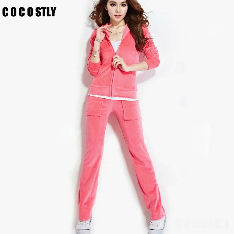 New 2 Piece Set Women Brand Velvet Fabric Tracksuits Velour Suit Women ...