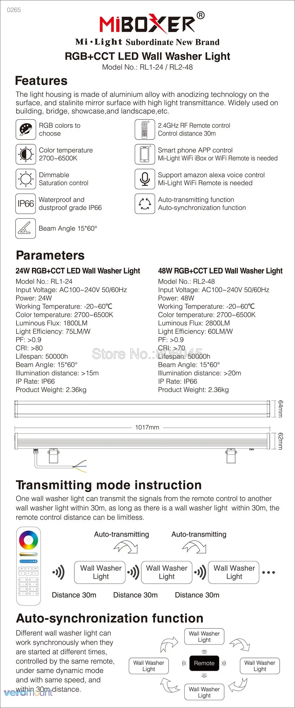 MiLight RL2-48 48W RGB+CCT LED Wall Washer Light IP66 Waterproof AC110V 220V Wireless 2.4G Remote& Smart Phone APP WiFi control