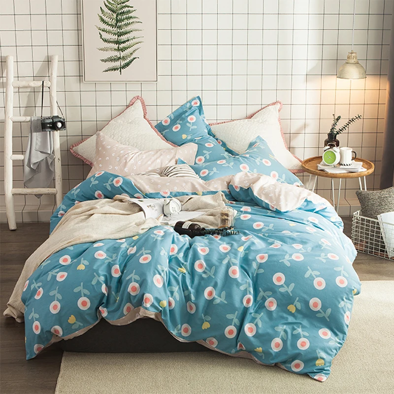 

2018 Brief Flowers Blue Bedding Set Cotton Fabric 4Pcs Queen Ru Europe Twin Size Duvet Cover Flat Sheet Pillow Cases