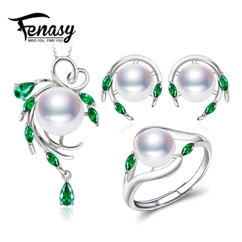 

FENASY 925 Sterling Silver Natural Pearl Emerald Jewelry Sets Leaf Earrings Necklace Pendant Engagement Ring Sets For Women
