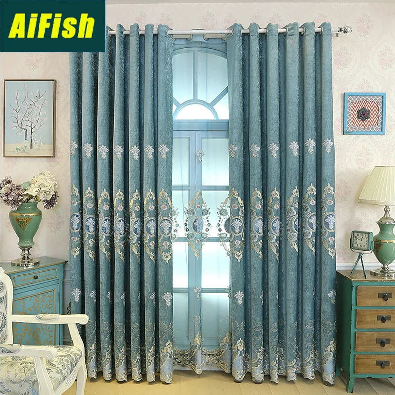 

Luxury Floral Embroidered Blue Thermal Blackout Curtain Drapery for Bedroom Window Sheer Voile Curtains Tulle for Bedroom TM0184