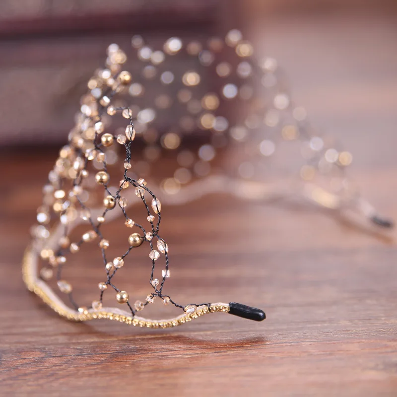 

2019 Brand Golden Rhinestone Gem Head Band Crystal Net Tiaras Pearl Hairband Bride Hair Jewelry Crown Women Hair Accessories