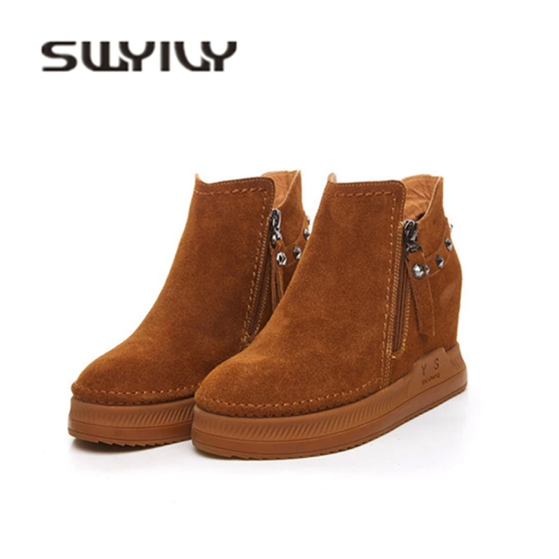 SWYIVY Retro Rivet Suede Snow Boos Platform Woman Side Zipper 2018 Wedge Increased Female Casual Ankle Boot Winter Snow Boots