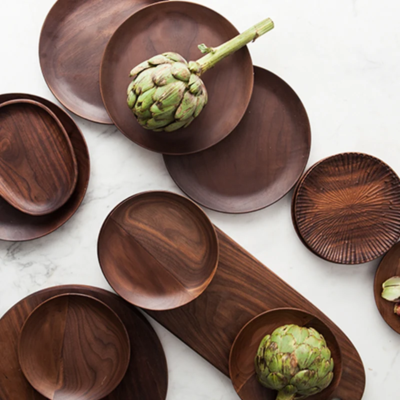 Round Wooden Plate Cake Plate Kitchen Sushi Dessert Serving Plate Food Container Wood Plates Dishes Wooden Utensils Tableware