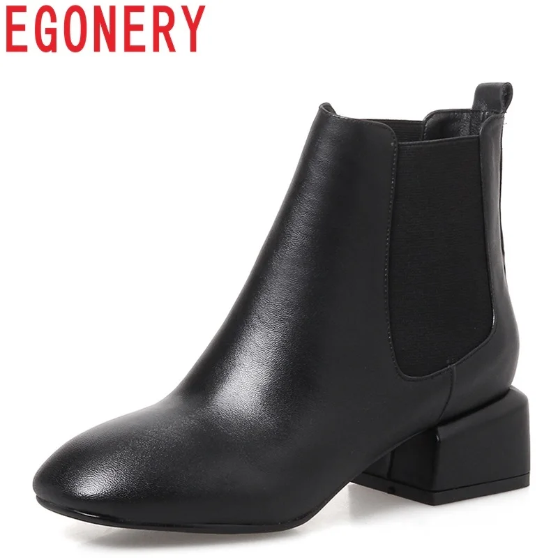 

EGONERY genuine leather new hot sale med square heel elastic band square toe ankle boots concise casual black and beige shoes