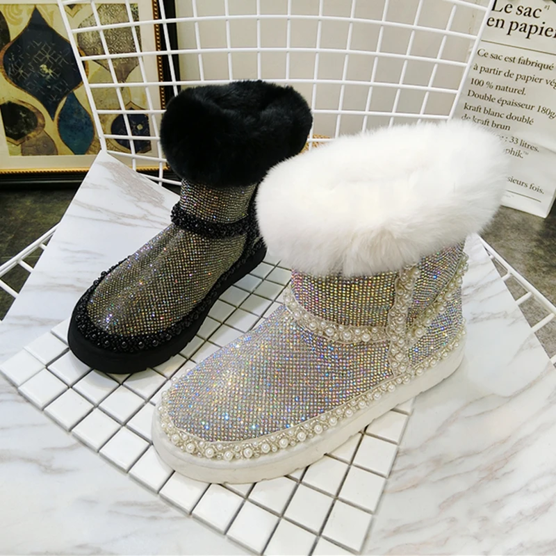 EXCARGO Rhinstone Flat Boots Woman Winter Plush Fur Warm Casual Shoes 2018 New Female Pearl Luxury Snow Boots Warm Ankle High