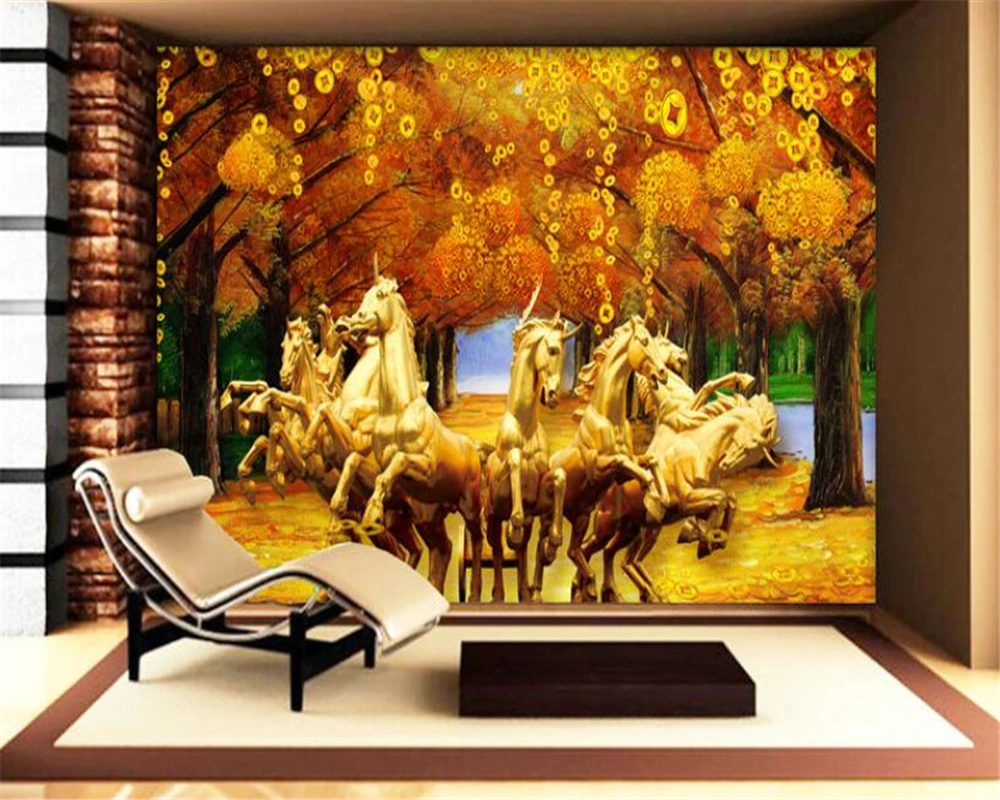 Kustom 3D Wallpaper Delapan Kuda Emas Fortune Pohon Wallpaper Ruang