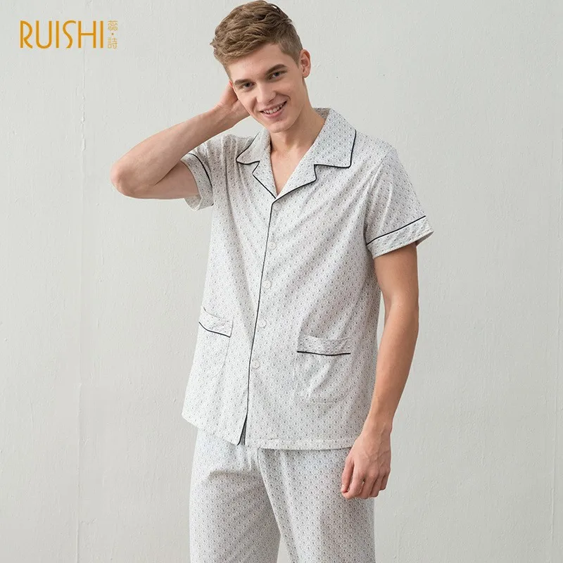 Новые мужские пижамы весна лето осень с коротким рукавом пижамы 100% хлопок короткие пижамы набор новейшая Мужская домашняя одежда