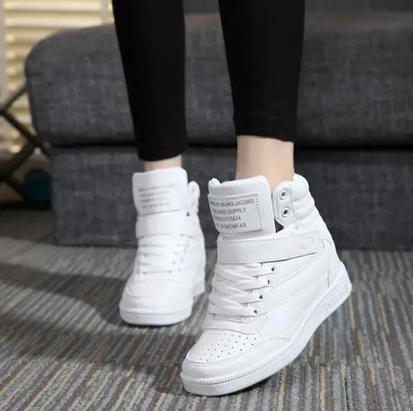 

Brands Spring Autumn Ankle Boots Heels Shoes Women Casual Shoes Height Increased Wedges Shoes High Top Super White Black Mixed