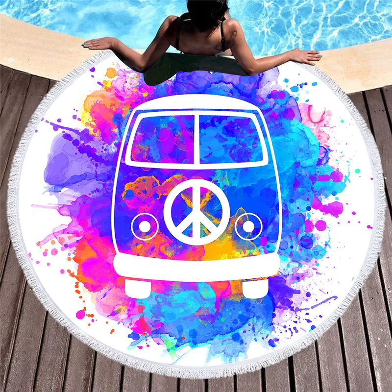 

Summer American Hippie Peace Bus Beach Towels Watercolor Hand Painted Soft Beach Towel Travel Decoration Gift Picnic Yoga Mat