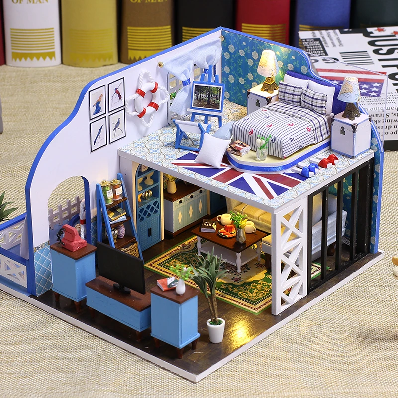 

Romantic 3D Miniature Dollhouse DIY Ocean View Doll House Furniture Kit Wooden House Miniaturas Toys With Lamp For Children Gift