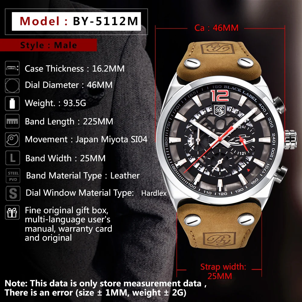 BENYAR хронограф спортивные мужские часы модный бренд военный водонепроницаемый кожаный ремешок кварцевые часы Relogio Masculino